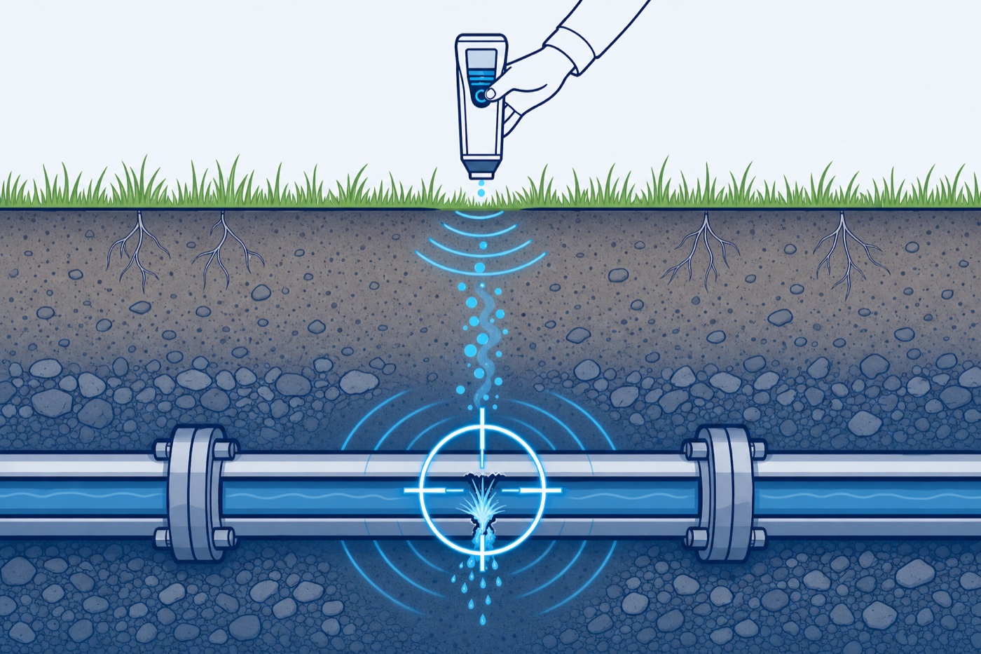 Schéma de détection d'une fuite sur canalisation enterrée par gaz traceur et localisation sonar